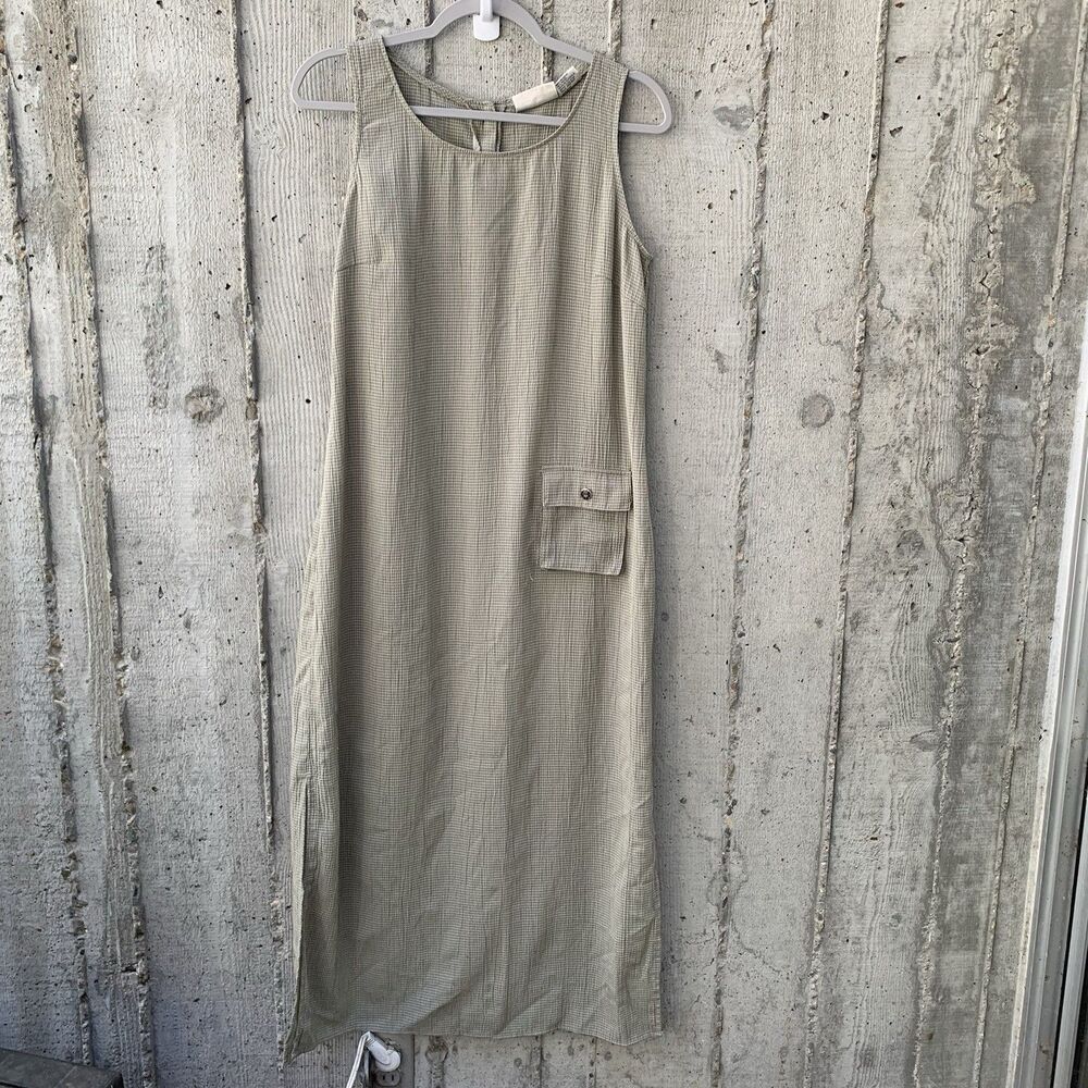 Women's Vtg Maxi Dress Sage Green Micro Checkered Patch Pocket 90s Soft Grunge M